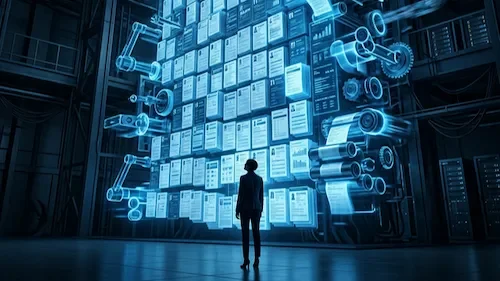 A lone job candidate stands before a towering wall of glowing resumes moved by robotic arms